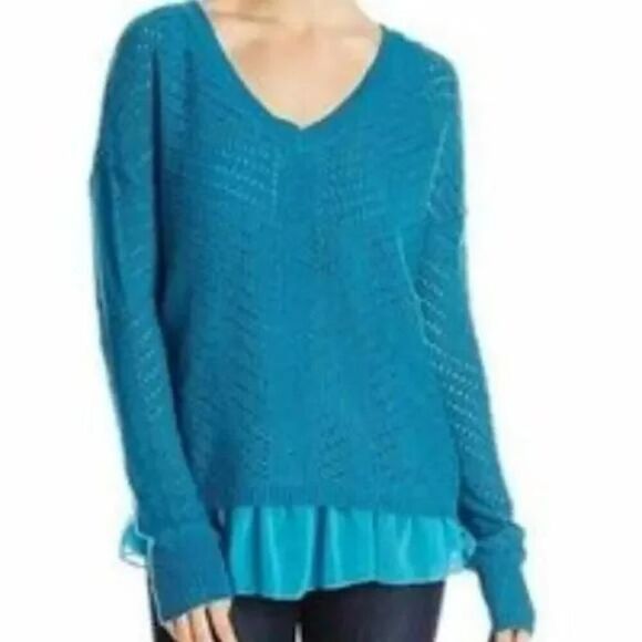 Prana Ellery Sweater Womens Small Mosaic Blue V-Neck Open Knit Ruffled Hem NWT - Picture 1 of 11